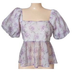 Milkmaid Top Medium Puff Sleeve Square Neck Fairy Coquette Boho Floral Peplum